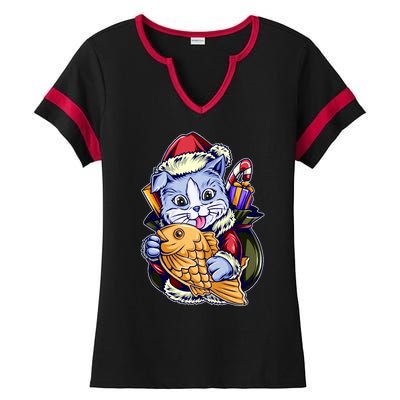 Santa Claus Christmas Cat Bringing Goldfish Ladies Halftime Notch Neck Tee