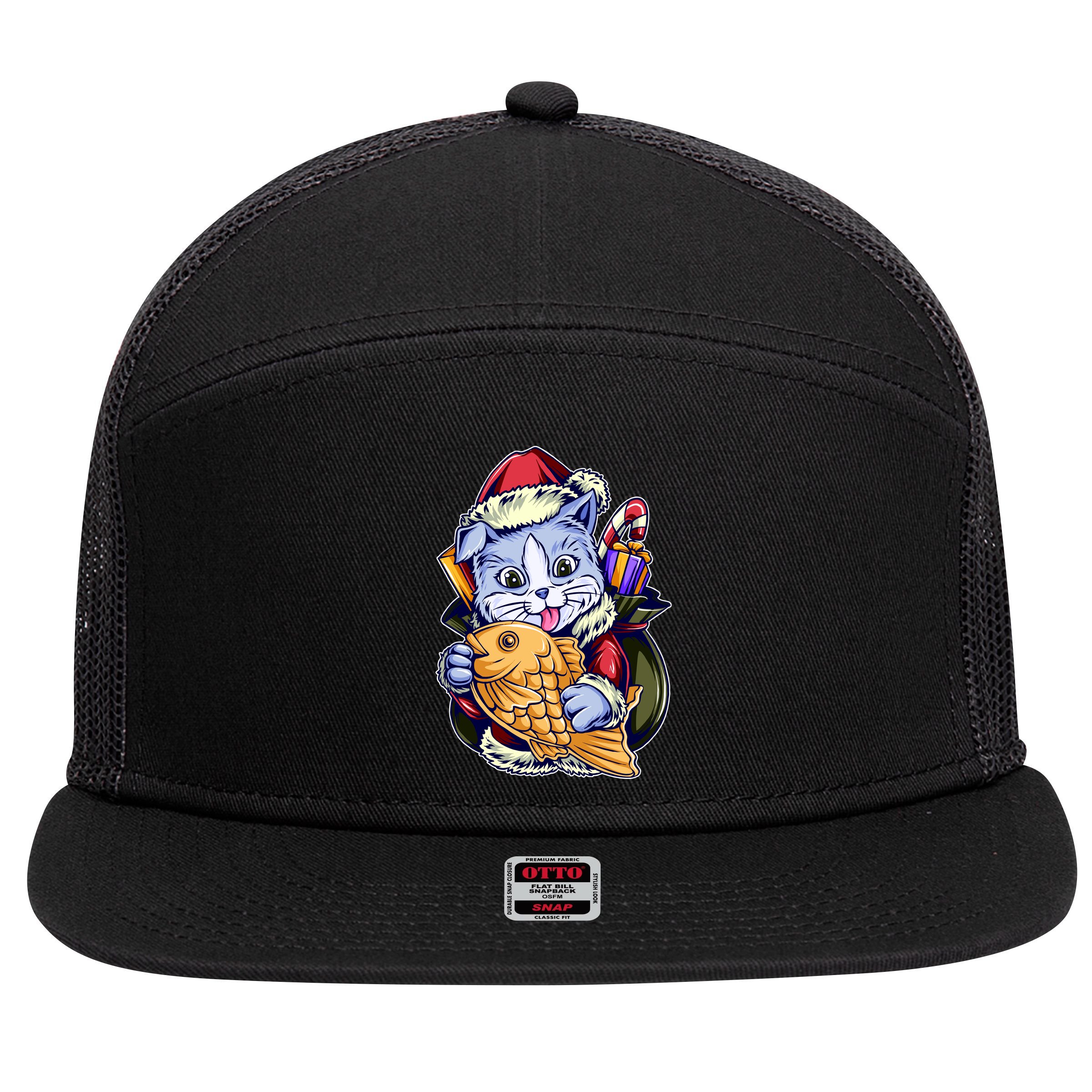 Santa Claus Christmas Cat Bringing Goldfish 7 Panel Mesh Trucker Snapback Hat
