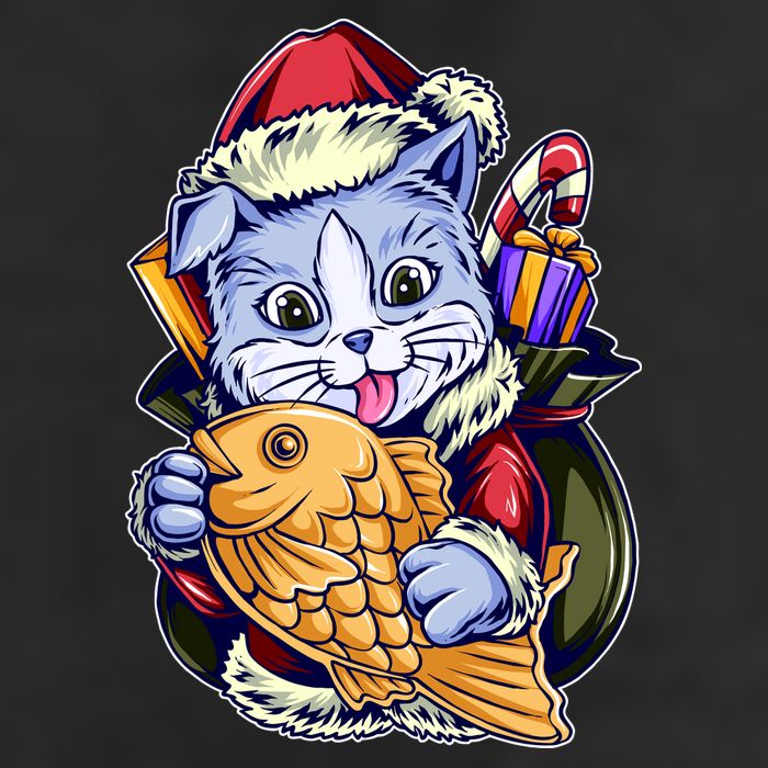 Santa Claus Christmas Cat Bringing Goldfish 7 Panel Mesh Trucker Snapback Hat