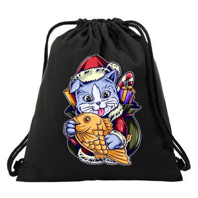 Santa Claus Christmas Cat Bringing Goldfish Drawstring Bag
