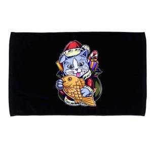 Santa Claus Christmas Cat Bringing Goldfish Microfiber Hand Towel