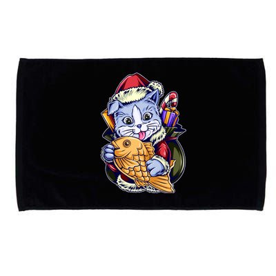 Santa Claus Christmas Cat Bringing Goldfish Microfiber Hand Towel