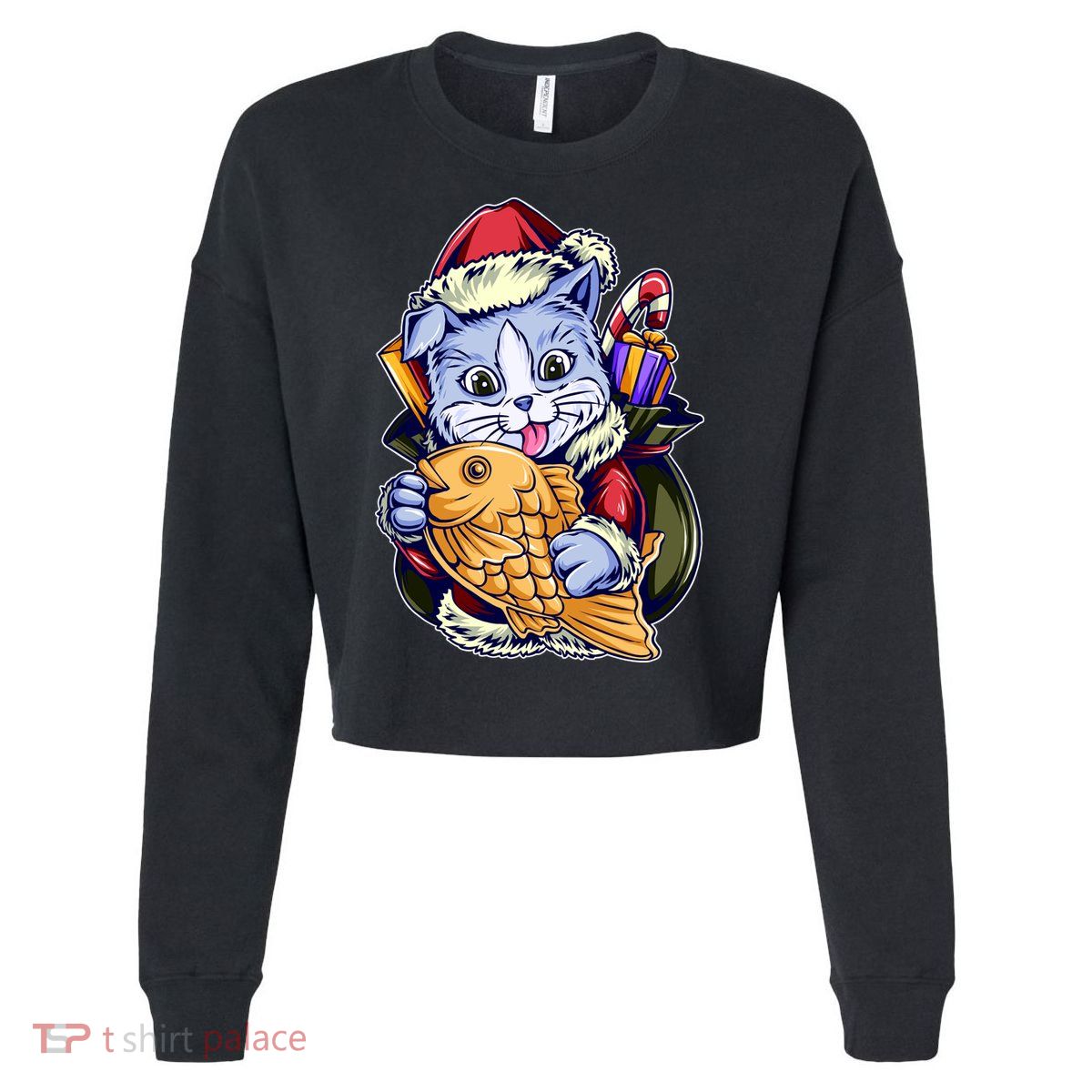 Santa Claus Christmas Cat Bringing Goldfish Cropped Pullover Crew