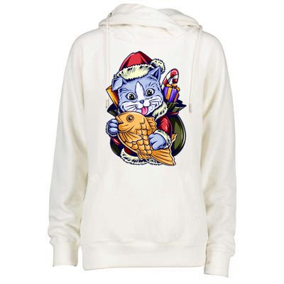 Santa Claus Christmas Cat Bringing Goldfish Womens Funnel Neck Pullover Hood