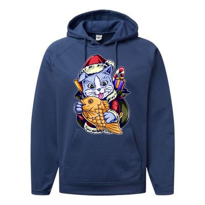 Santa Claus Christmas Cat Bringing Goldfish Performance Fleece Hoodie