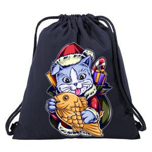 Santa Claus Christmas Cat Bringing Goldfish Drawstring Bag