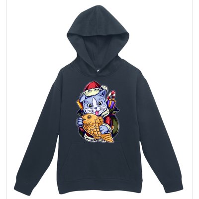 Santa Claus Christmas Cat Bringing Goldfish Urban Pullover Hoodie