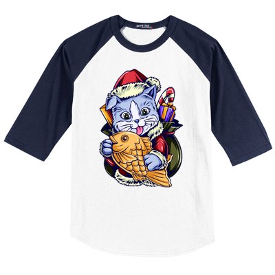 Santa Claus Christmas Cat Bringing Goldfish Baseball Sleeve Shirt