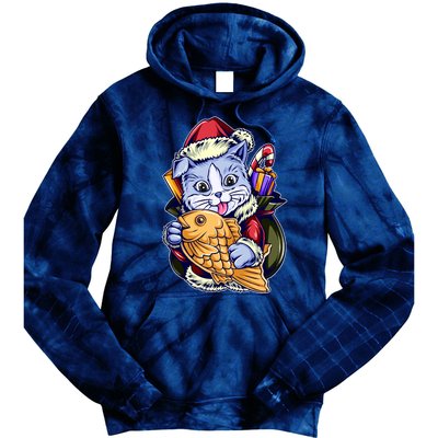 Santa Claus Christmas Cat Bringing Goldfish Tie Dye Hoodie