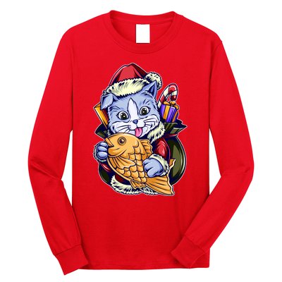 Santa Claus Christmas Cat Bringing Goldfish Long Sleeve Shirt