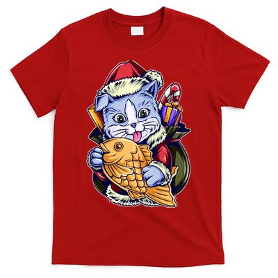 Santa Claus Christmas Cat Bringing Goldfish T-Shirt