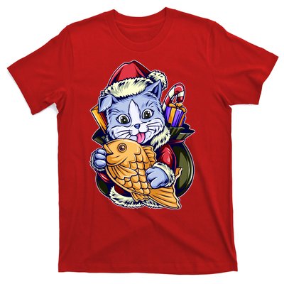 Santa Claus Christmas Cat Bringing Goldfish T-Shirt