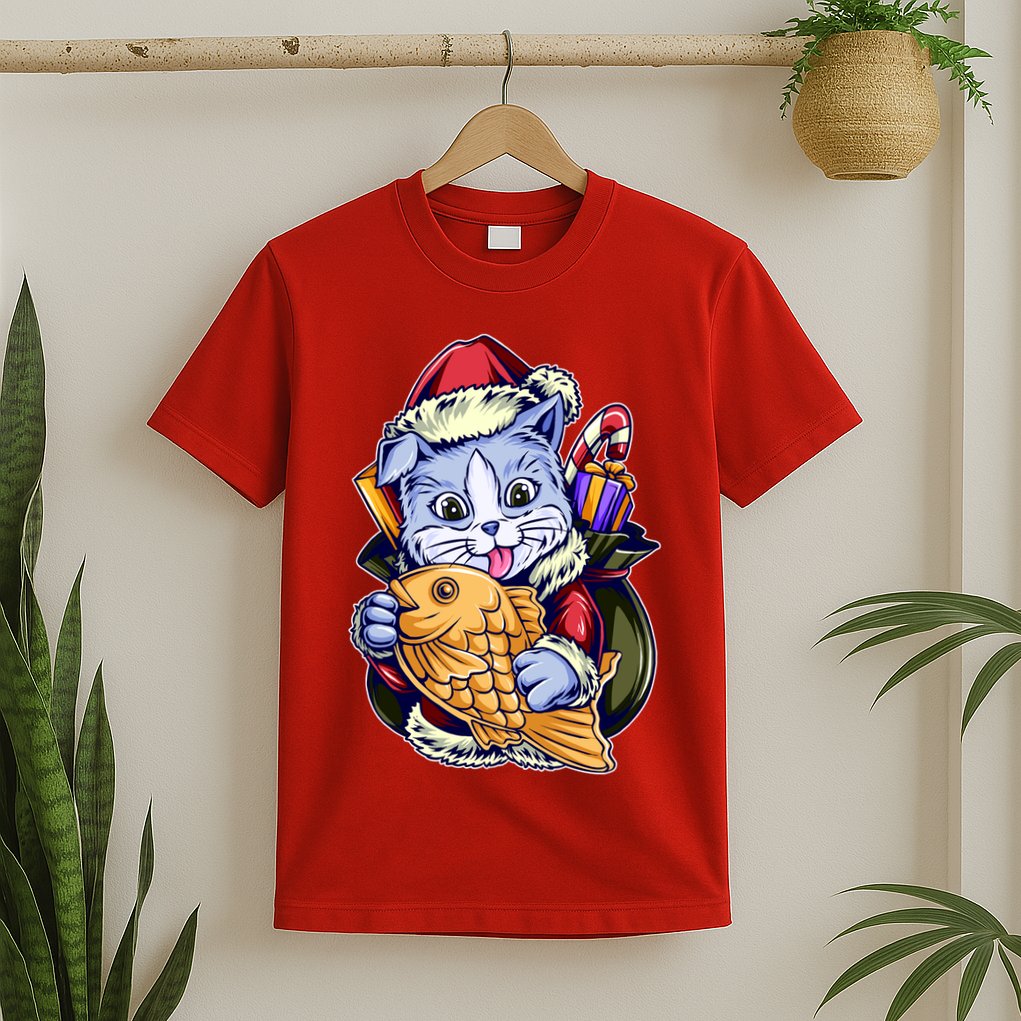 Santa Claus Christmas Cat Bringing Goldfish T-Shirt