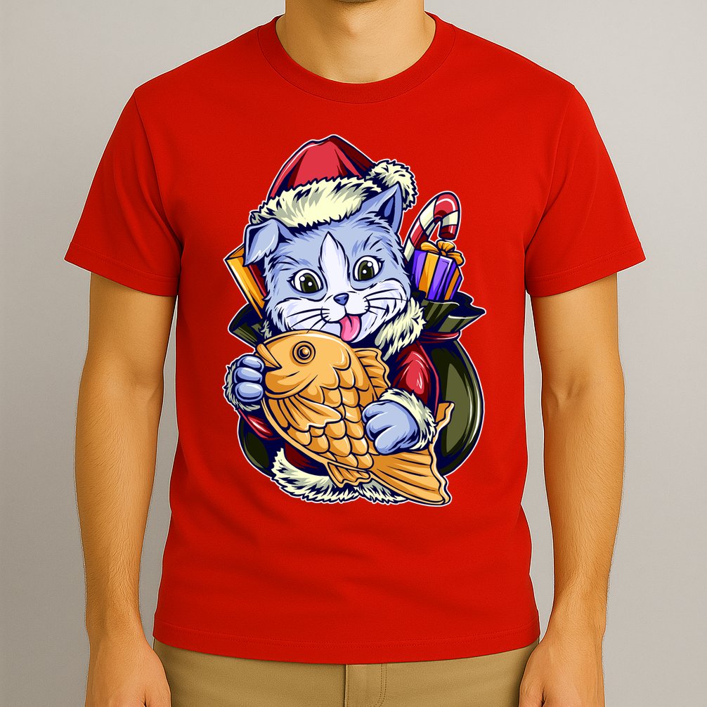 Santa Claus Christmas Cat Bringing Goldfish T-Shirt
