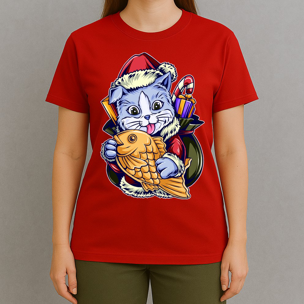 Santa Claus Christmas Cat Bringing Goldfish T-Shirt