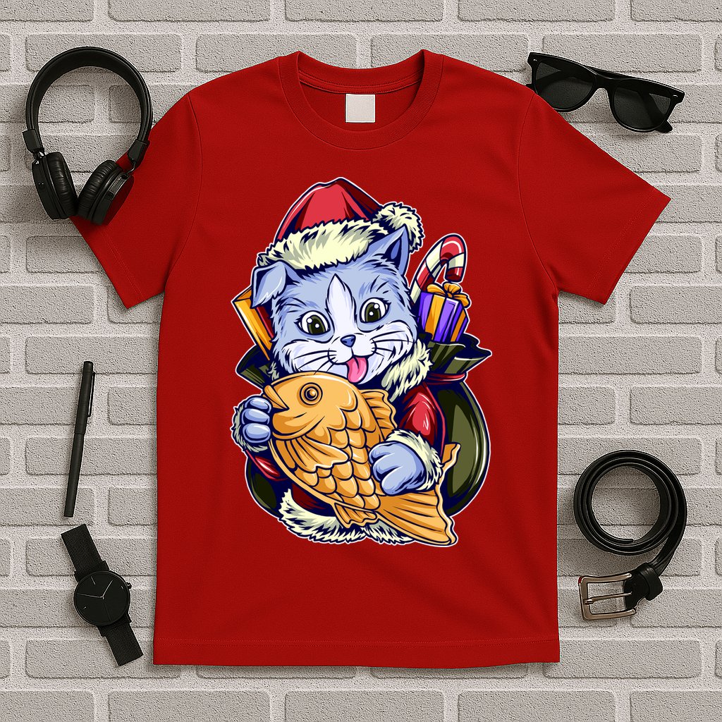 Santa Claus Christmas Cat Bringing Goldfish T-Shirt
