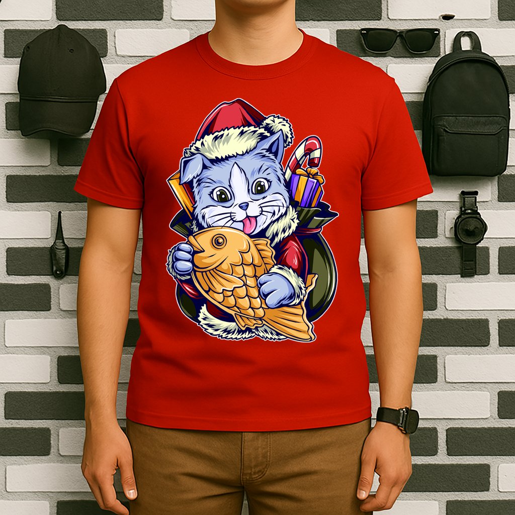 Santa Claus Christmas Cat Bringing Goldfish T-Shirt