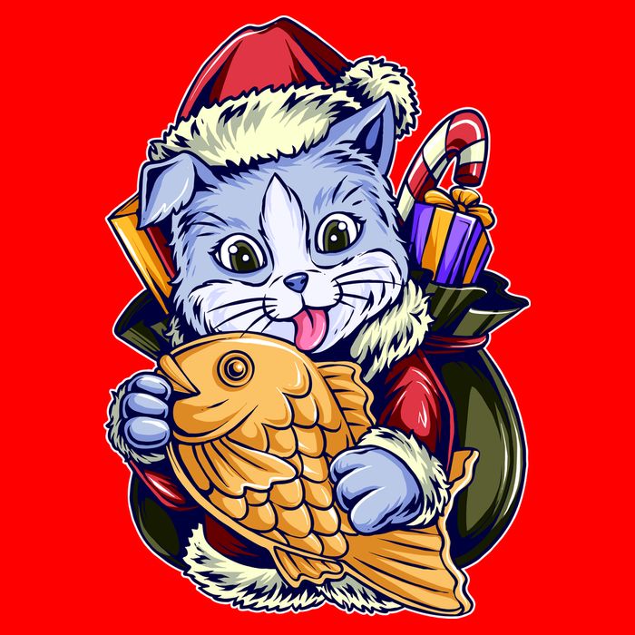 Santa Claus Christmas Cat Bringing Goldfish T-Shirt