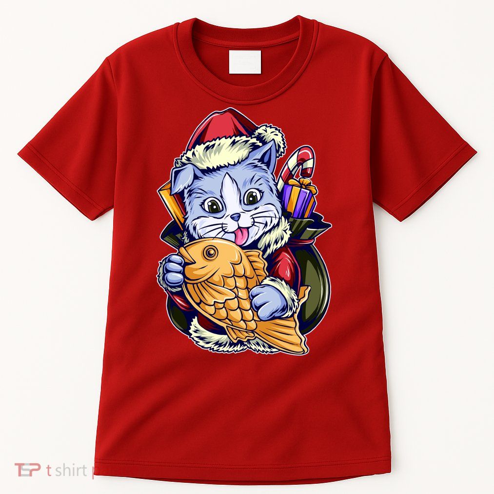 Santa Claus Christmas Cat Bringing Goldfish Tall T-Shirt