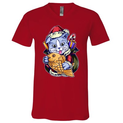 Santa Claus Christmas Cat Bringing Goldfish V-Neck T-Shirt