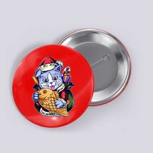 Santa Claus Christmas Cat Bringing Goldfish Button