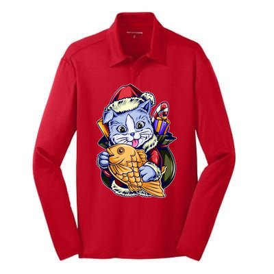 Santa Claus Christmas Cat Bringing Goldfish Silk Touch Performance Long Sleeve Polo