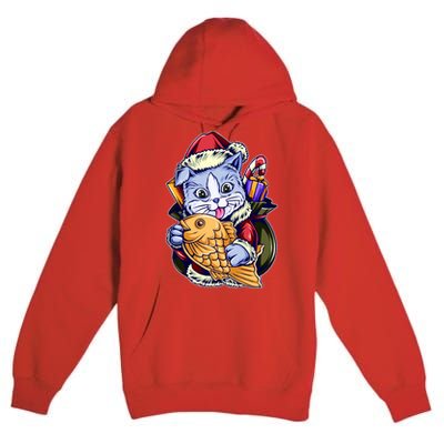 Santa Claus Christmas Cat Bringing Goldfish Premium Pullover Hoodie