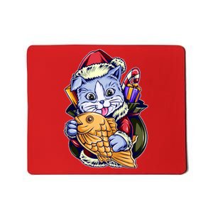 Santa Claus Christmas Cat Bringing Goldfish Mousepad