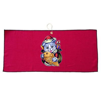 Santa Claus Christmas Cat Bringing Goldfish Large Microfiber Waffle Golf Towel