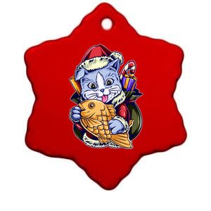 Santa Claus Christmas Cat Bringing Goldfish Ceramic Star Ornament