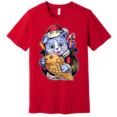 Santa Claus Christmas Cat Bringing Goldfish Premium T-Shirt