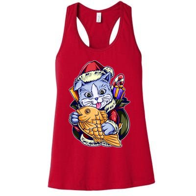 Santa Claus Christmas Cat Bringing Goldfish Womens Tank Top