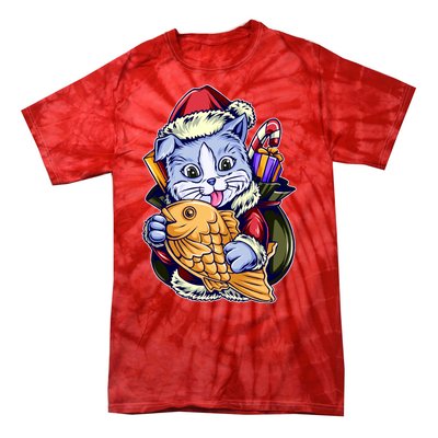 Santa Claus Christmas Cat Bringing Goldfish Tie-Dye T-Shirt