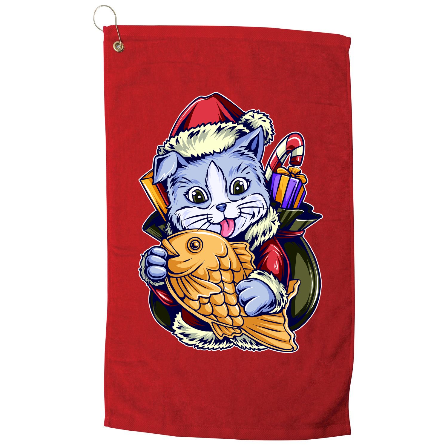 Santa Claus Christmas Cat Bringing Goldfish Golf Towel