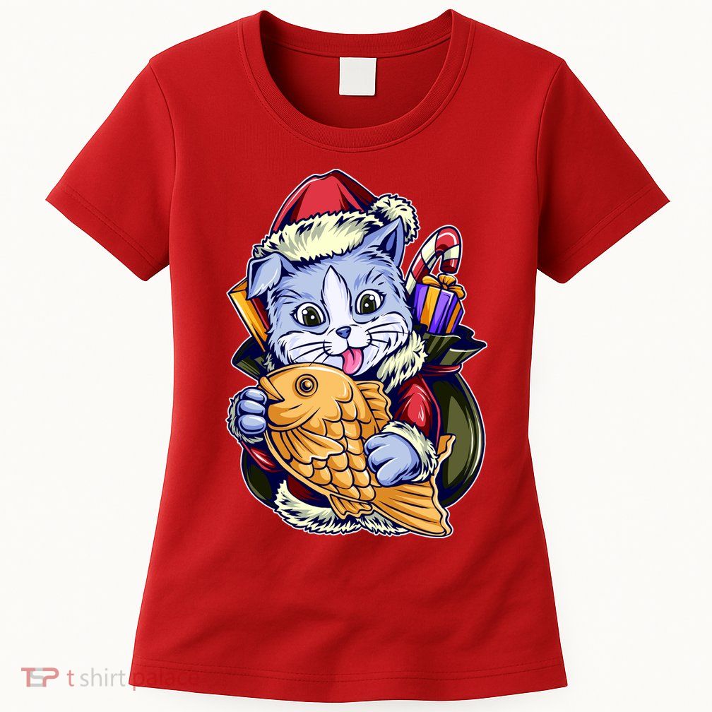 Santa Claus Christmas Cat Bringing Goldfish Womens T-Shirt
