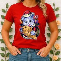 Santa Claus Christmas Cat Bringing Goldfish Womens T-Shirt