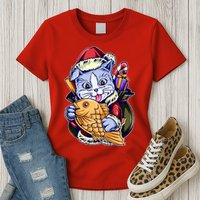 Santa Claus Christmas Cat Bringing Goldfish Womens T-Shirt