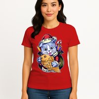 Santa Claus Christmas Cat Bringing Goldfish Womens T-Shirt
