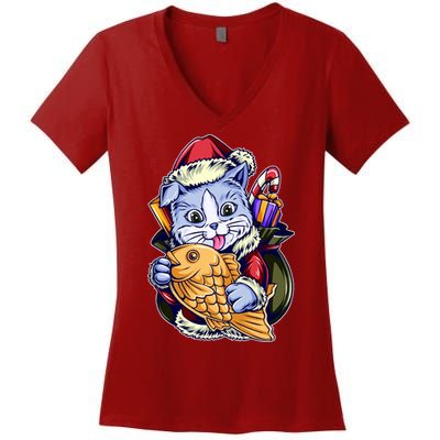 Santa Claus Christmas Cat Bringing Goldfish Women's V-Neck T-Shirt
