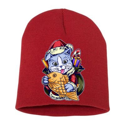 Santa Claus Christmas Cat Bringing Goldfish Short Acrylic Beanie