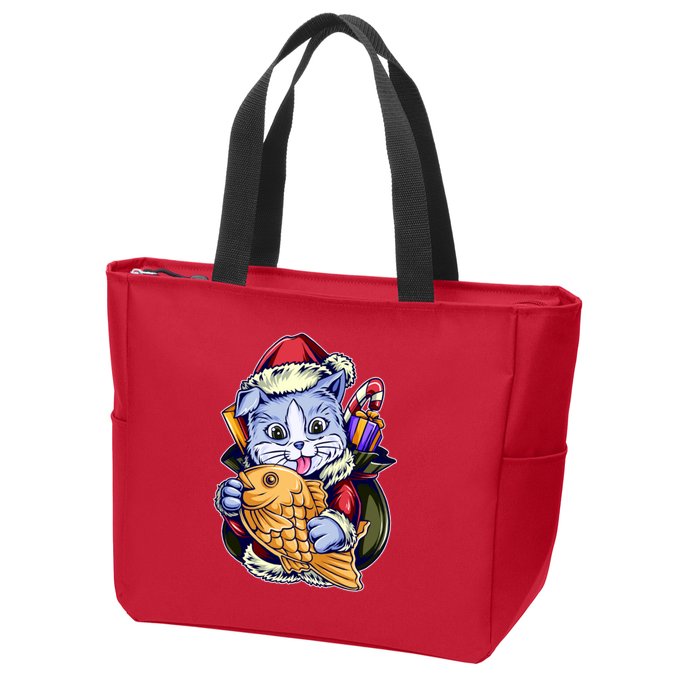 Santa Claus Christmas Cat Bringing Goldfish Zip Tote Bag