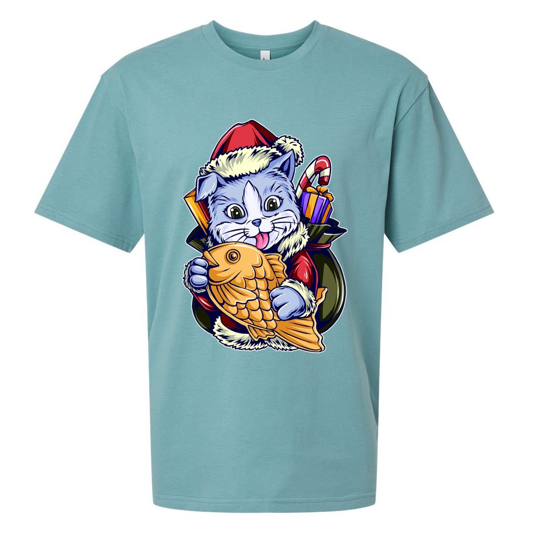 Santa Claus Christmas Cat Bringing Goldfish Sueded Cloud Jersey T-Shirt
