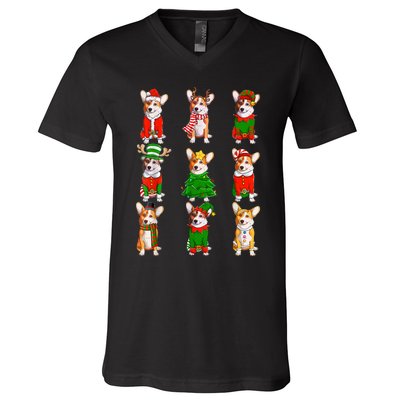 Santa Corgi Christmas Tree Lights Elf Reindeer Dog Lover V-Neck T-Shirt