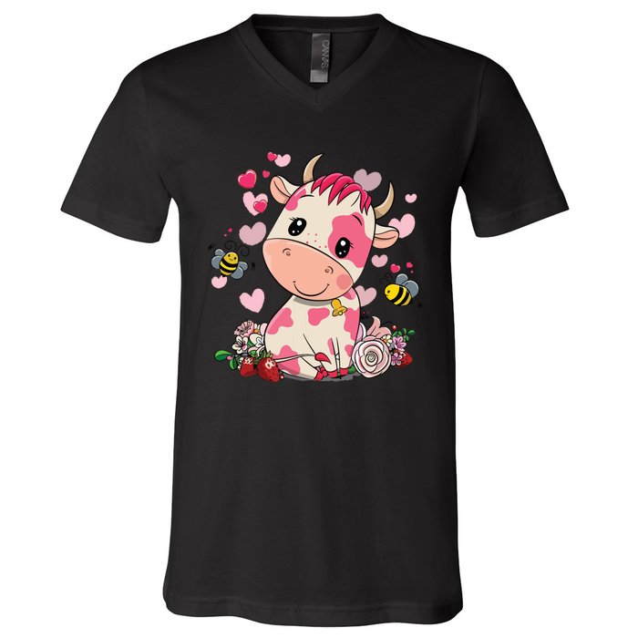 Strawberry Cow Cute Cow Pink Cow Pet V-Neck T-Shirt