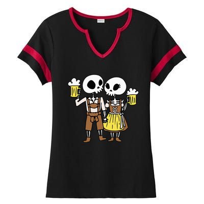 Skeleton Couple Cheering Beer Oktoberfest Halloween Ladies Halftime Notch Neck Tee