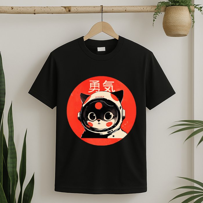 Space Cat Courage Japanese Retro Kawaii Cute Astronaut Cat T-Shirt