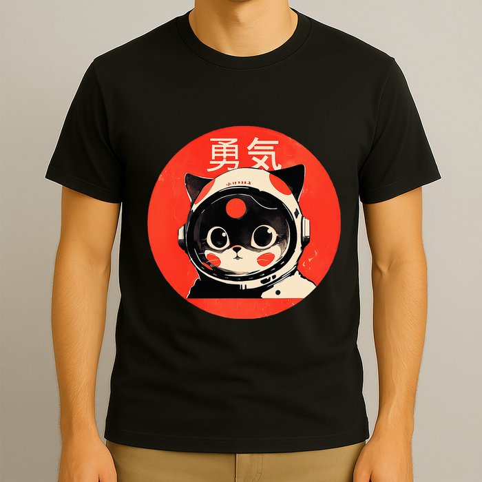 Space Cat Courage Japanese Retro Kawaii Cute Astronaut Cat T-Shirt