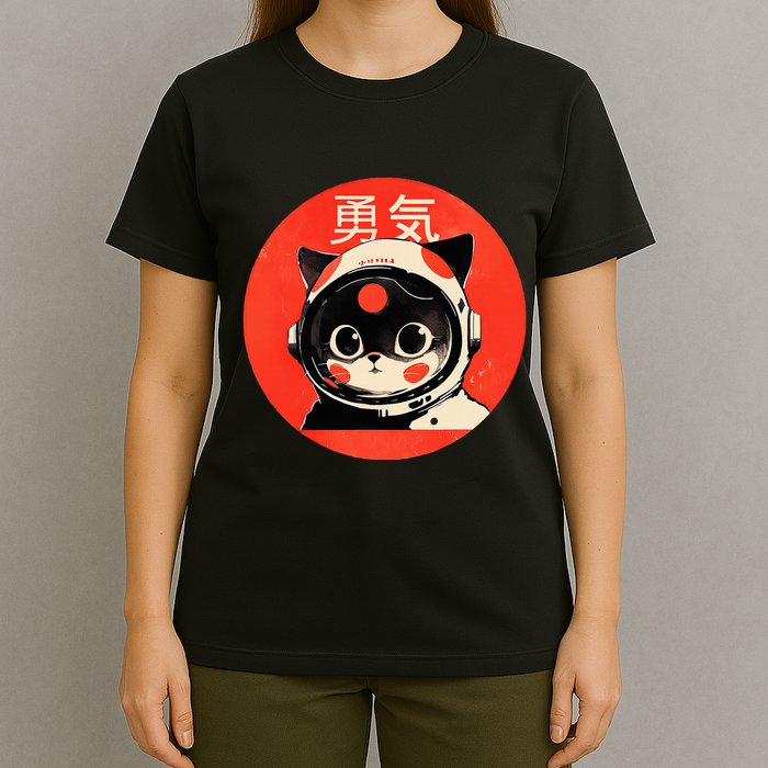 Space Cat Courage Japanese Retro Kawaii Cute Astronaut Cat T-Shirt