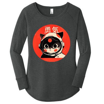 Space Cat Courage Japanese Retro Kawaii Cute Astronaut Cat Women's Perfect Tri Tunic Long Sleeve Shirt