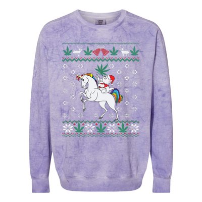 Santa Cat Christmas Unicorn Marijuana Cannabis Gift Colorblast Crewneck Sweatshirt